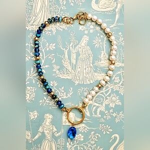 Blue Glass & Crystal Beads & White Freshwater Pearls In Assymetrical Necklace